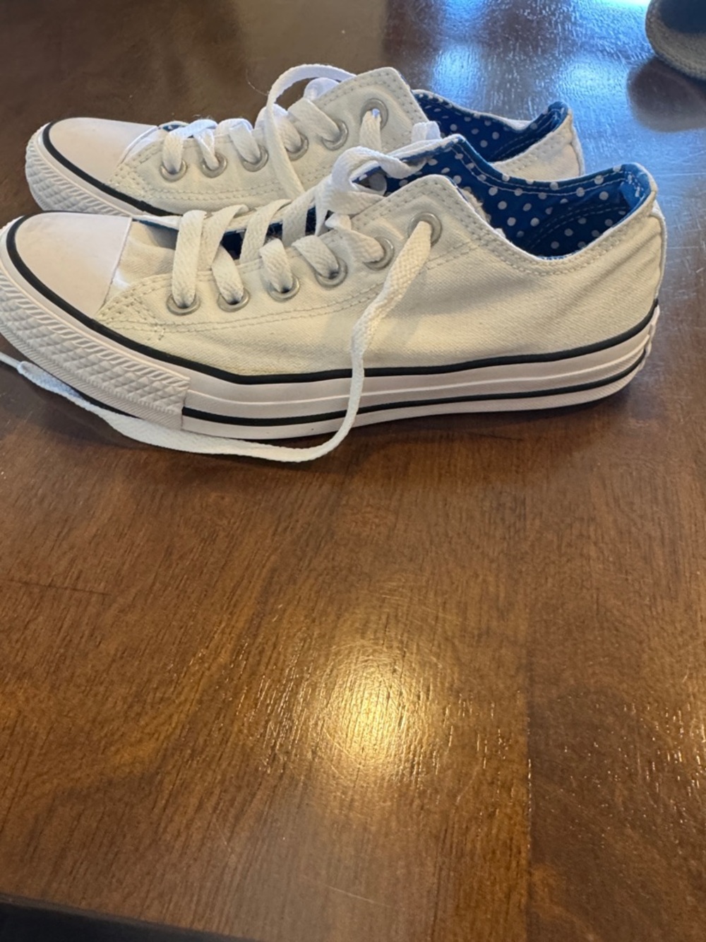 Classic Low-Top Canvas Sneakers in White with Navy Polka Dot Lining